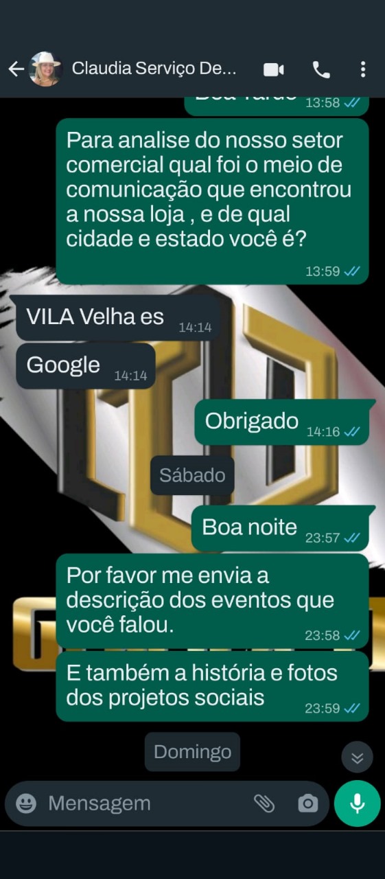 Print original da conversa pelo WhatsApp com Claudia