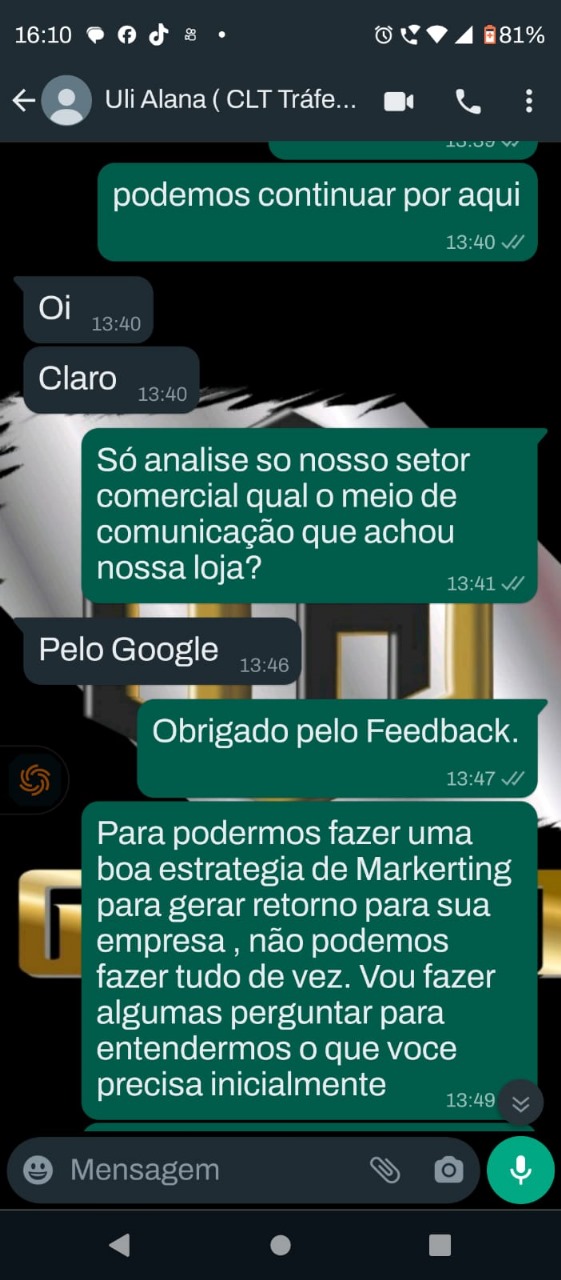 Print original da conversa pelo WhatsApp com Alana
