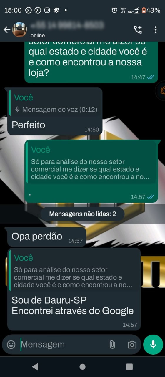 Print original da conversa pelo WhatsApp com Cliente de Bauru