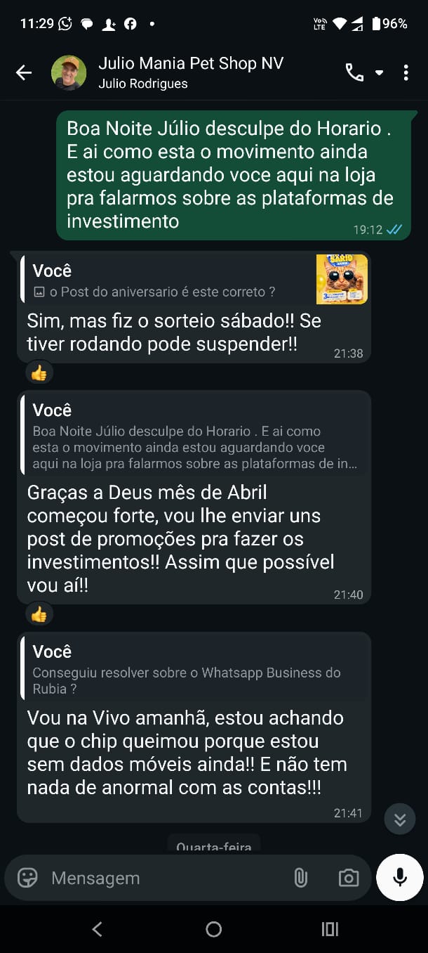 Print original da conversa pelo WhatsApp com Julio · Mania Pet Shop