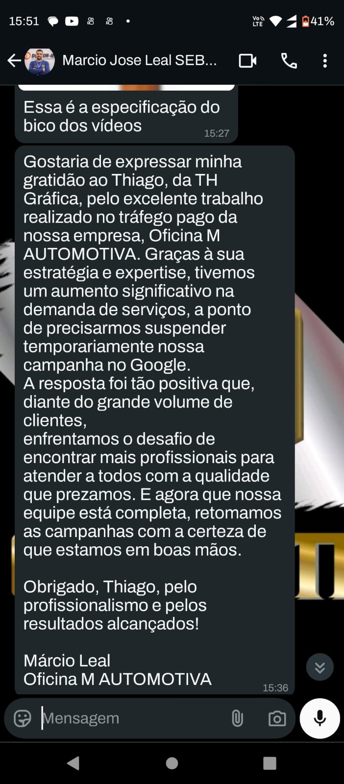 Print original da conversa pelo WhatsApp com Márcio Leal · M Automotiva
